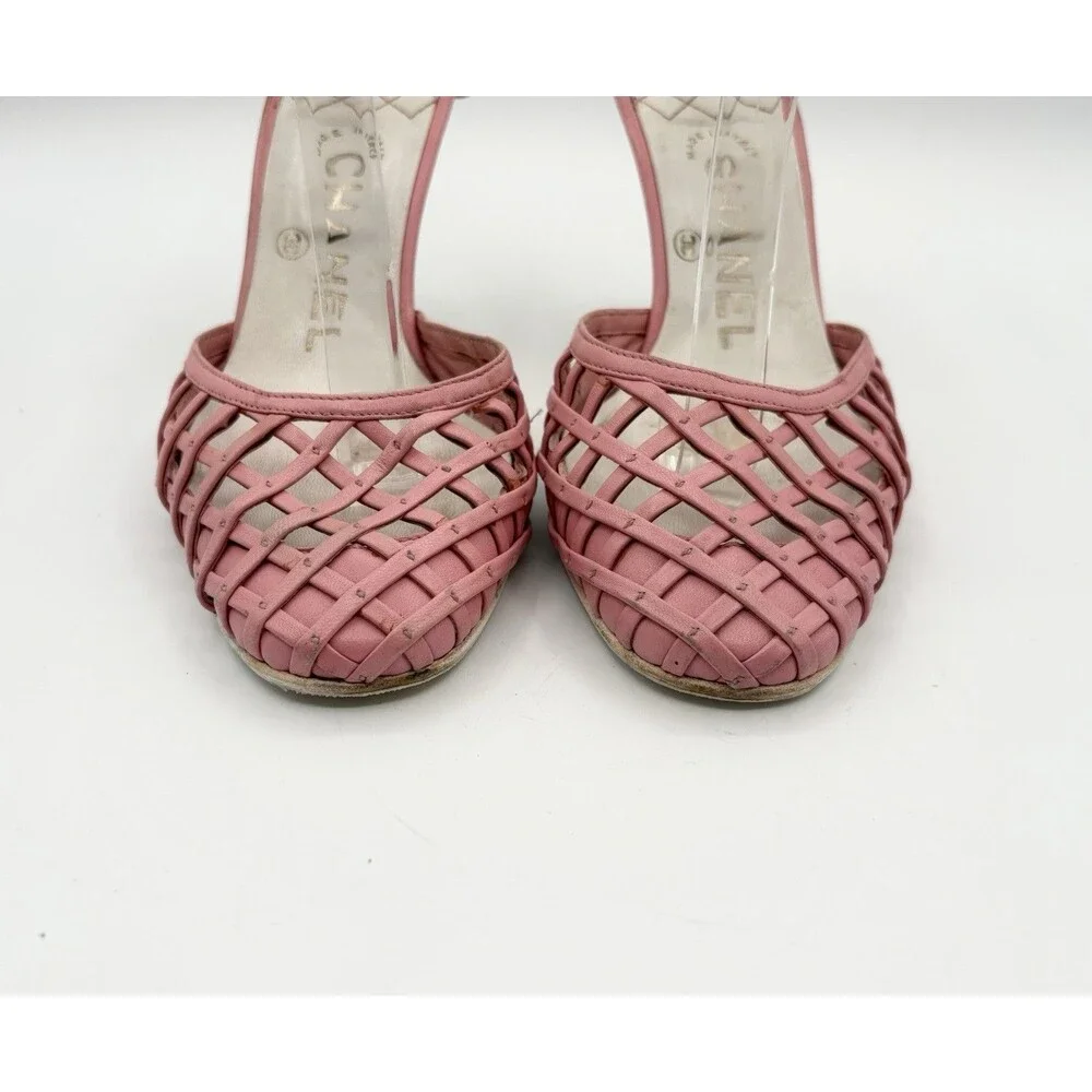 Chanel Pink Basketweave Leather CC Logo Ankle Strap Heels D'Orsay Sz EU 35.5 - Picture 6 of 12